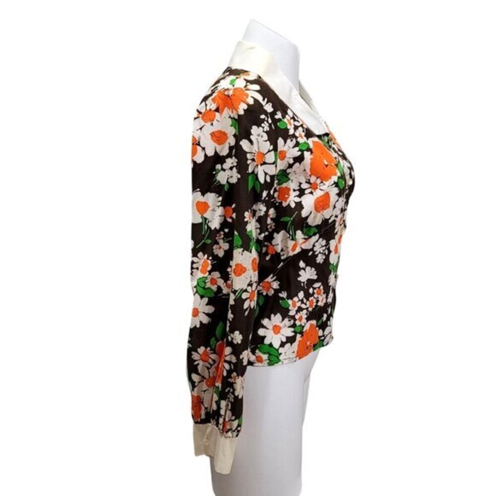Vintage Floral Long Sleeve Blouse Top Shirt Peter Pan Collar Button Front - Picture 5 of 8